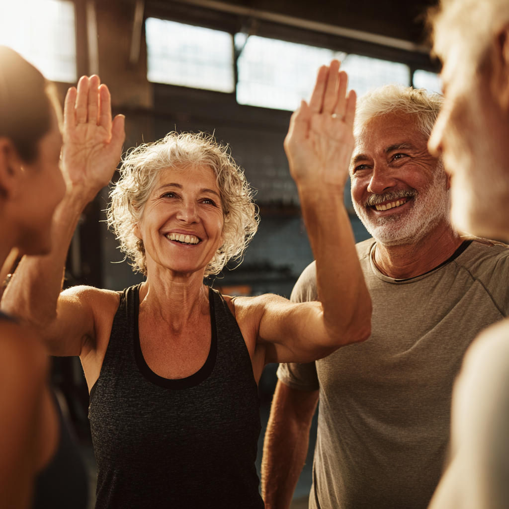 Mature adults celebrating fitness achievements in supportive group environment